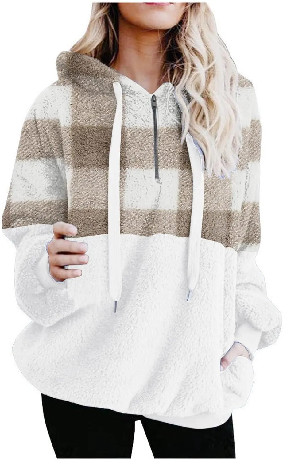 Sherpa Pullover Womens Warm Double Fleece Sweatshirts Relax Fit Fluffy Plaid Oversized Fuzzy Hoodie with Pockets