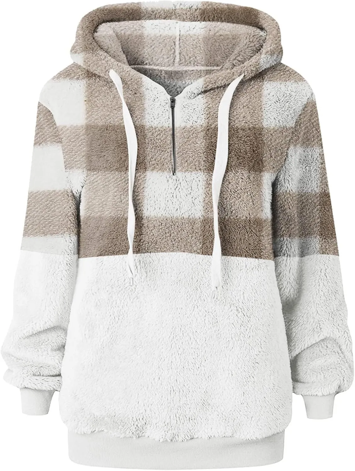 Sherpa Pullover Womens Warm Double Fleece Sweatshirts Relax Fit Fluffy Plaid Oversized Fuzzy Hoodie with Pockets