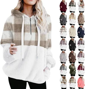Sherpa Pullover Womens Warm Double Fleece Sweatshirts Relax Fit Fluffy Plaid Oversized Fuzzy Hoodie with Pockets