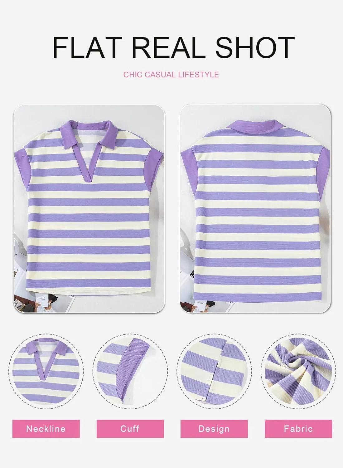 SHEWIN Womens Summer Tops Casual Short Sleeve Sweatshirt Color Block Striped Polo Shirts V Neck Pullover Tees Loose Blouses