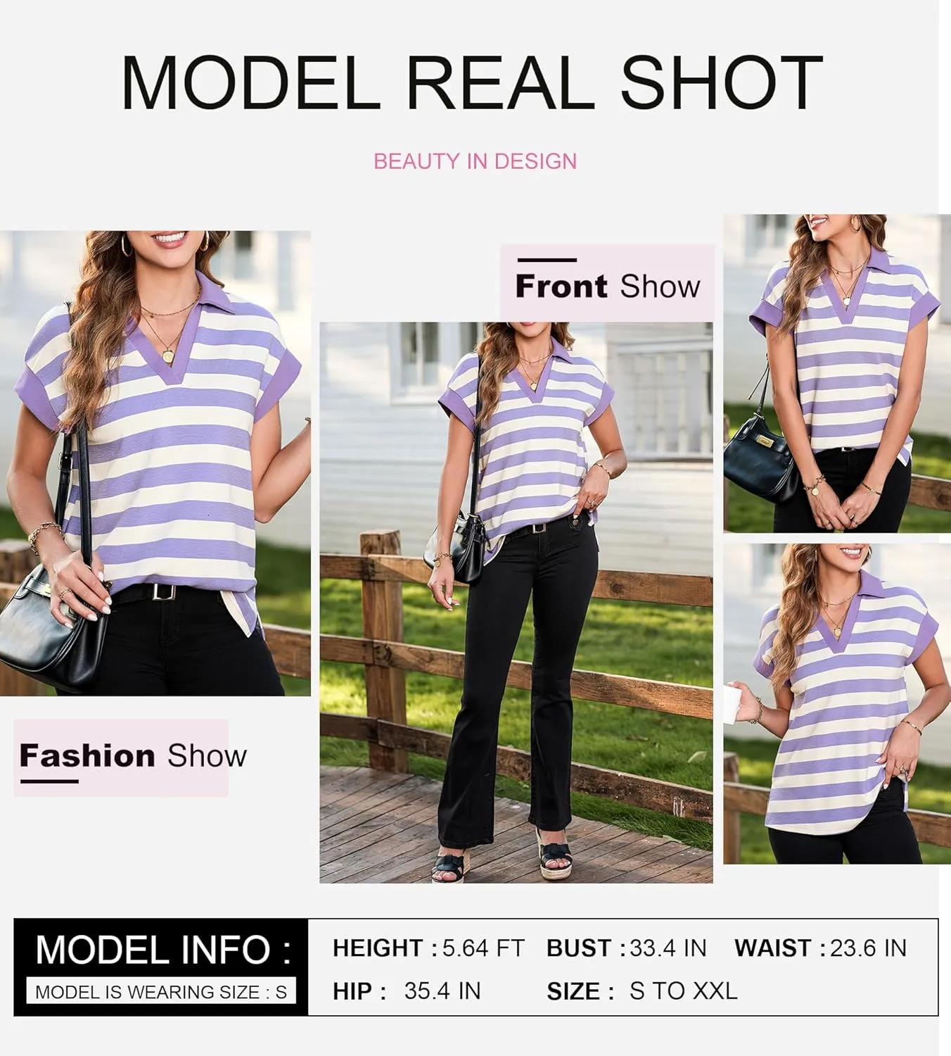 SHEWIN Womens Summer Tops Casual Short Sleeve Sweatshirt Color Block Striped Polo Shirts V Neck Pullover Tees Loose Blouses