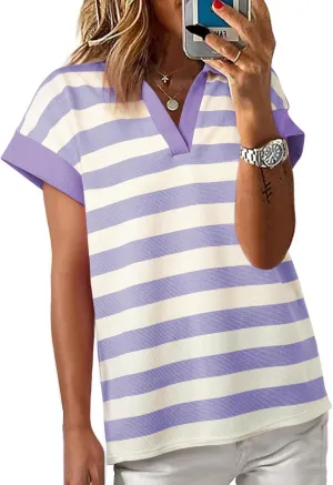 SHEWIN Womens Summer Tops Casual Short Sleeve Sweatshirt Color Block Striped Polo Shirts V Neck Pullover Tees Loose Blouses