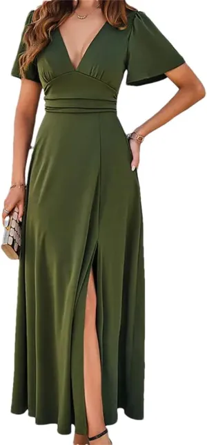 Short Sleeve Ruched Slim Fit Dress Women Deep V-Neck Summer Elegant Party Mini Dresses