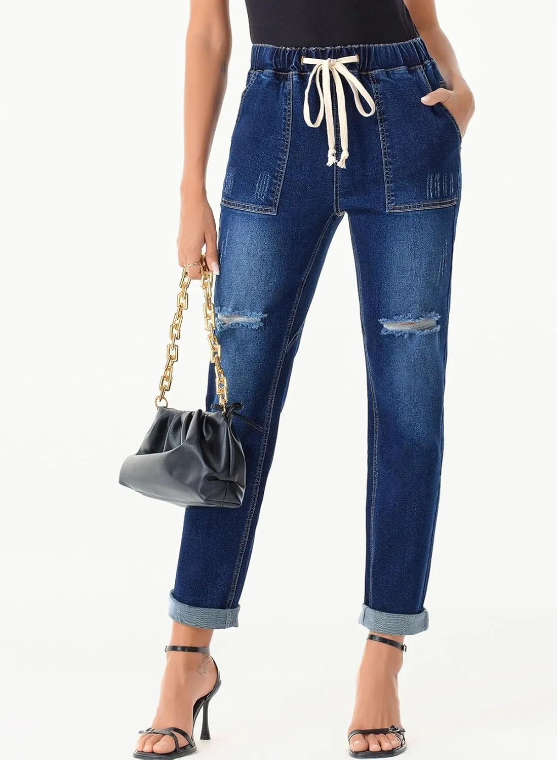 Sidefeel Women’s High Waisted Drawstring Jeans Pull On Cargo Joggers Zimbaplatinum Ripped Elastic Waist Denim Pants