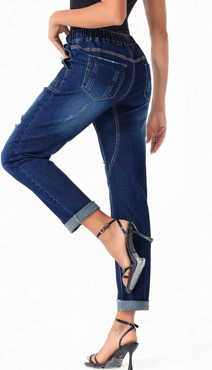 Sidefeel Women’s High Waisted Drawstring Jeans Pull On Cargo Joggers Zimbaplatinum Ripped Elastic Waist Denim Pants