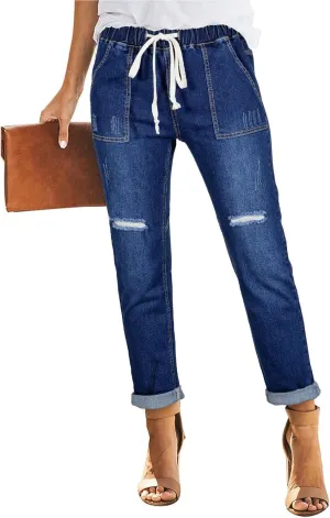 Sidefeel Women’s High Waisted Drawstring Jeans Pull On Cargo Joggers Zimbaplatinum Ripped Elastic Waist Denim Pants