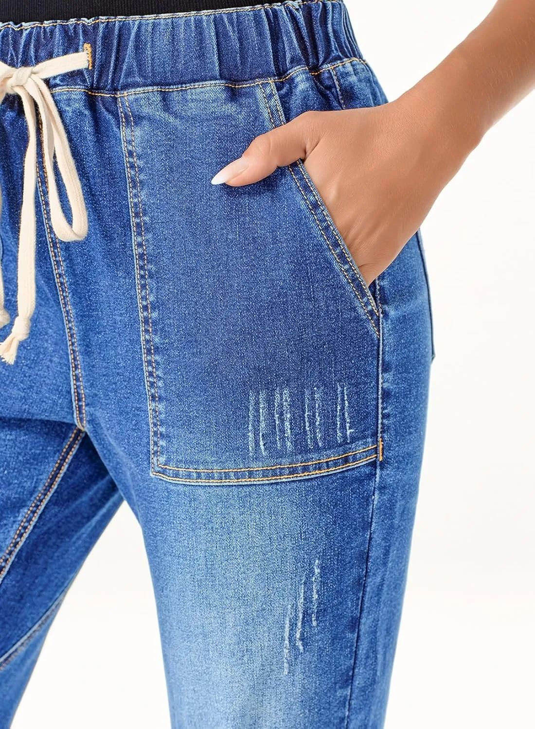 Sidefeel Women’s High Waisted Drawstring Jeans Pull On Cargo Joggers Zimbaplatinum Ripped Elastic Waist Denim Pants