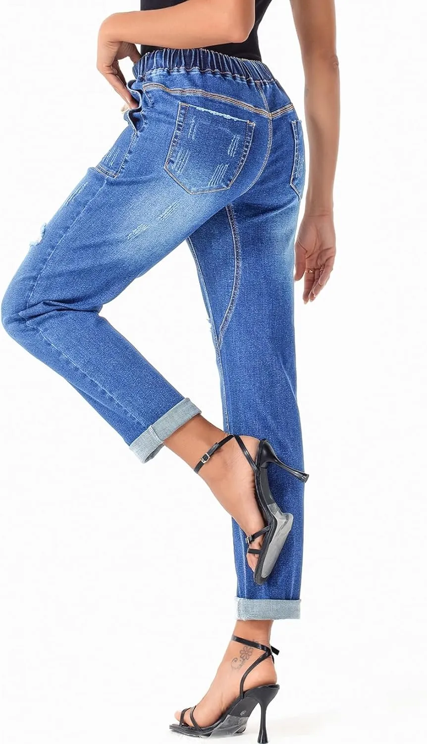 Sidefeel Women’s High Waisted Drawstring Jeans Pull On Cargo Joggers Zimbaplatinum Ripped Elastic Waist Denim Pants
