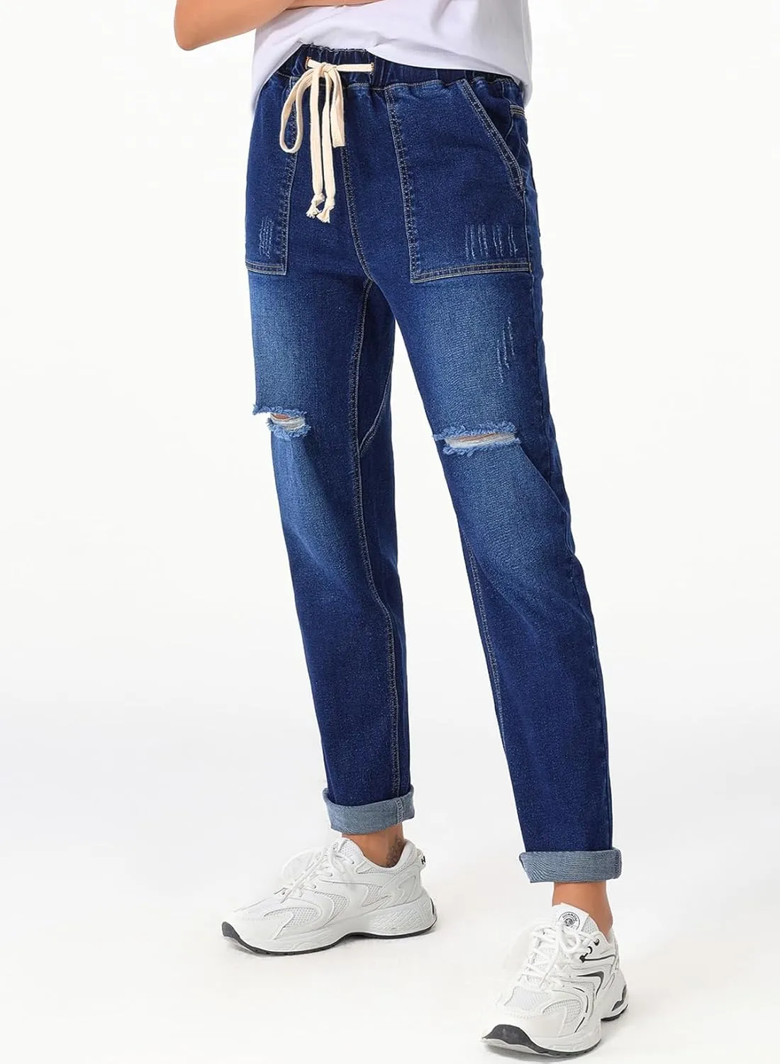 Sidefeel Women’s High Waisted Drawstring Jeans Pull On Cargo Joggers Zimbaplatinum Ripped Elastic Waist Denim Pants