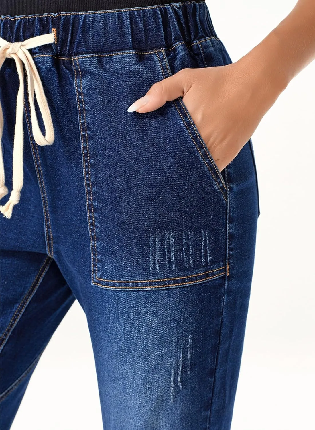 Sidefeel Women’s High Waisted Drawstring Jeans Pull On Cargo Joggers Zimbaplatinum Ripped Elastic Waist Denim Pants