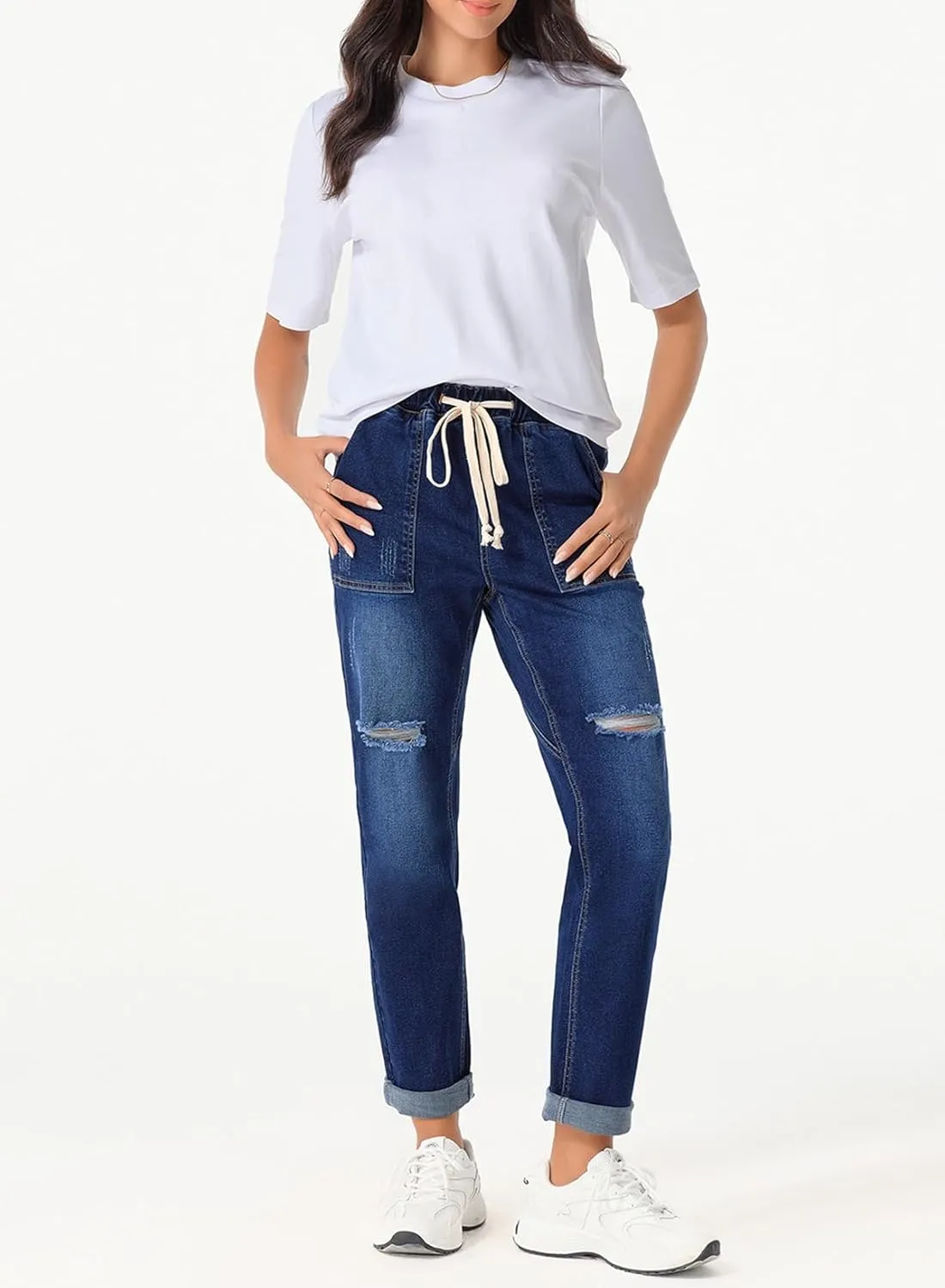 Sidefeel Women’s High Waisted Drawstring Jeans Pull On Cargo Joggers Zimbaplatinum Ripped Elastic Waist Denim Pants