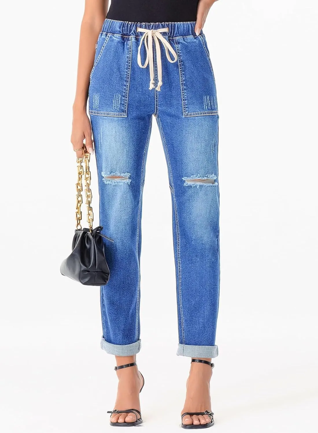 Sidefeel Women’s High Waisted Drawstring Jeans Pull On Cargo Joggers Zimbaplatinum Ripped Elastic Waist Denim Pants
