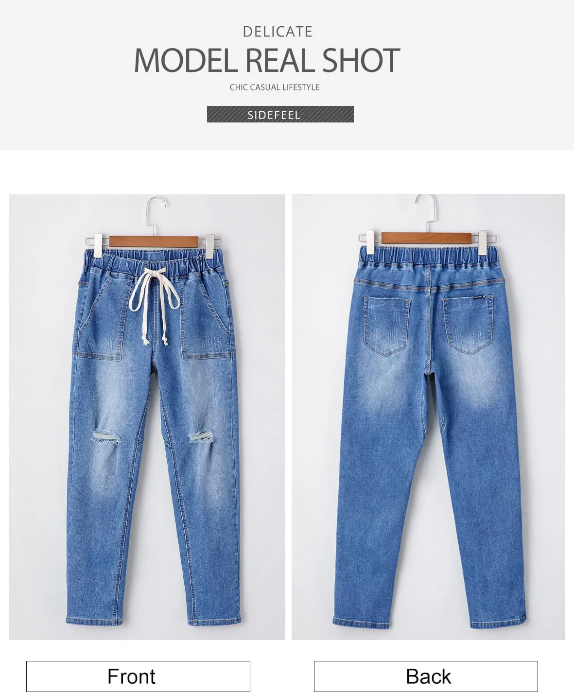 Sidefeel Women’s High Waisted Drawstring Jeans Pull On Cargo Joggers Zimbaplatinum Ripped Elastic Waist Denim Pants