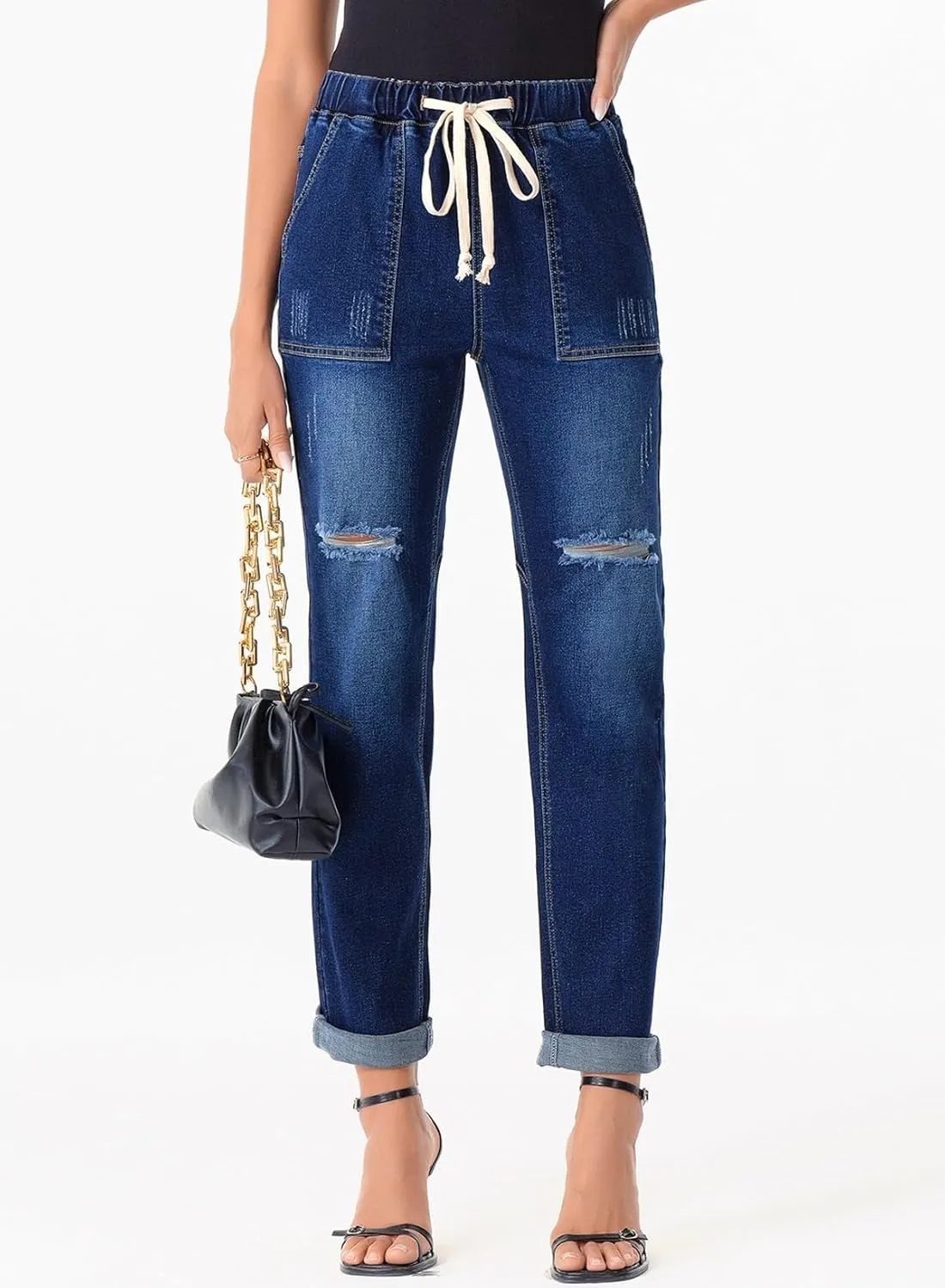 Sidefeel Women’s High Waisted Drawstring Jeans Pull On Cargo Joggers Zimbaplatinum Ripped Elastic Waist Denim Pants