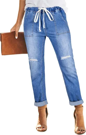Sidefeel Women’s High Waisted Drawstring Jeans Pull On Cargo Joggers Zimbaplatinum Ripped Elastic Waist Denim Pants
