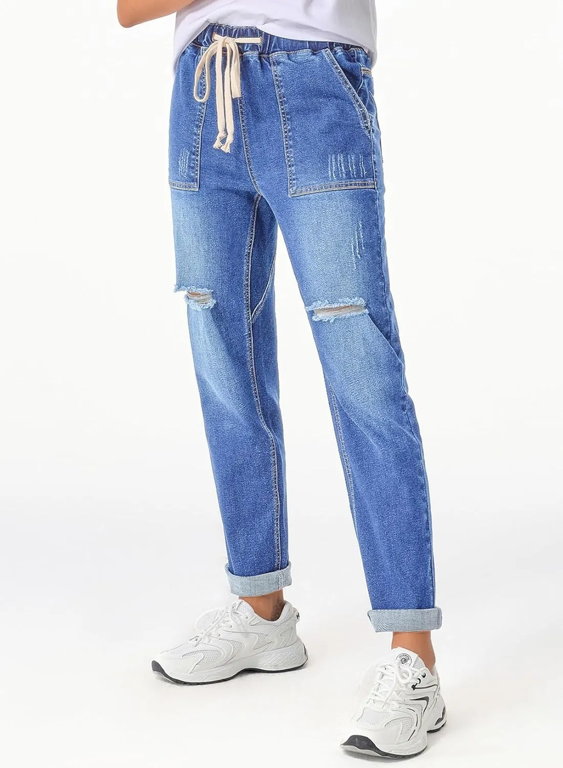 Sidefeel Women’s High Waisted Drawstring Jeans Pull On Cargo Joggers Zimbaplatinum Ripped Elastic Waist Denim Pants