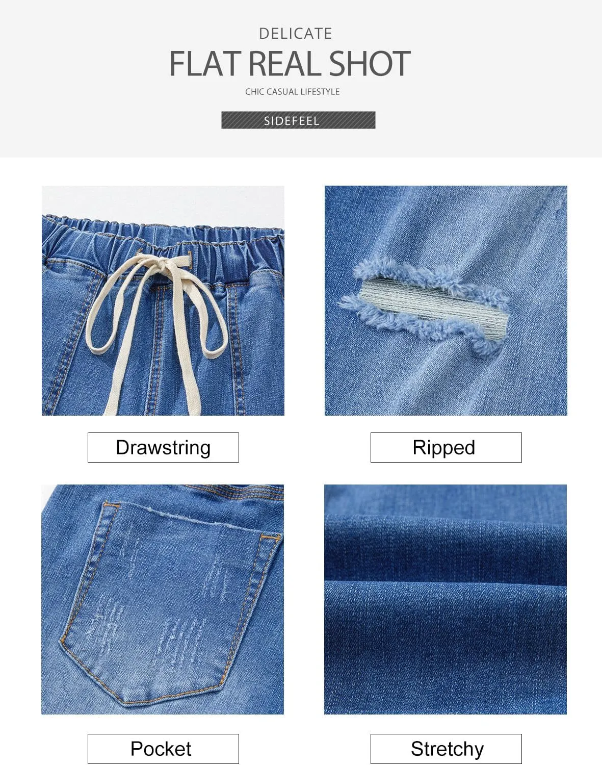 Sidefeel Women’s High Waisted Drawstring Jeans Pull On Cargo Joggers Zimbaplatinum Ripped Elastic Waist Denim Pants