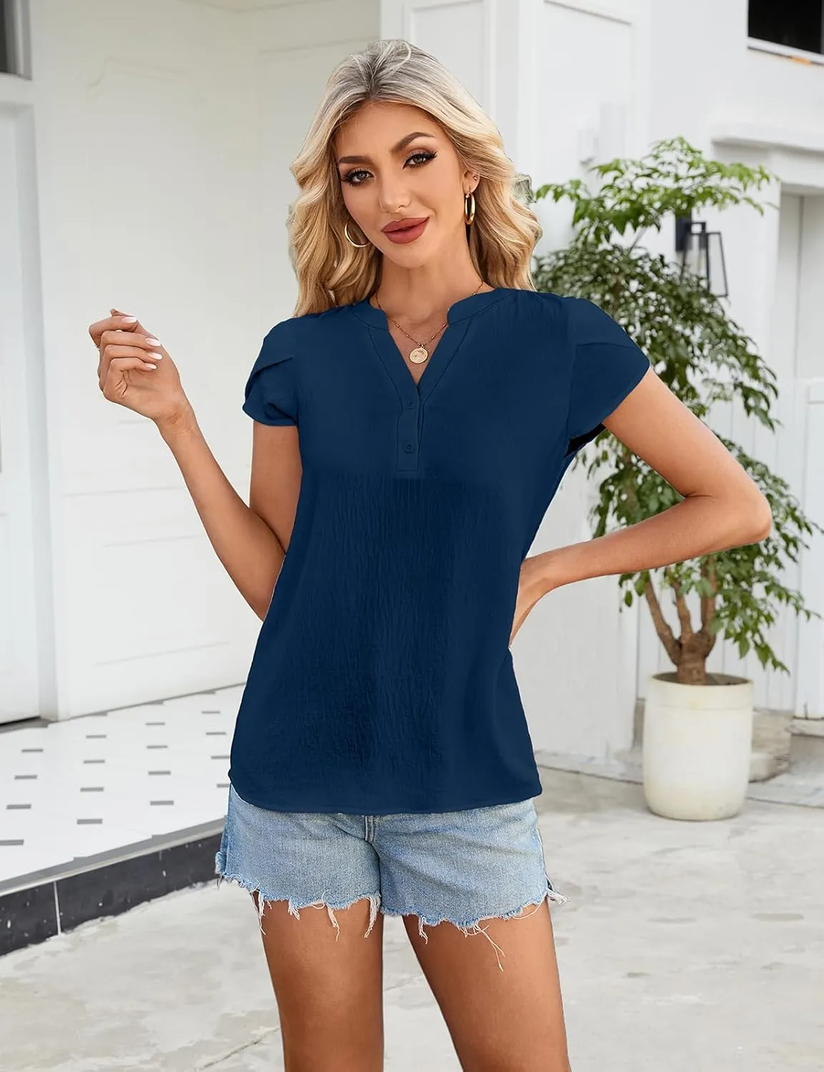 SimpleFun Womens Dressy Casual Tops Petal Short Sleeve Work Blouses Business V Neck Button Down Shirts