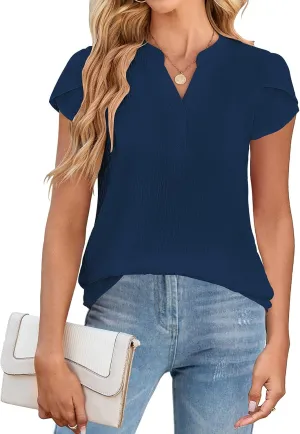 SimpleFun Womens Dressy Casual Tops Petal Short Sleeve Work Blouses Business V Neck Button Down Shirts