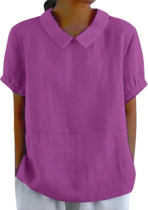 Summer Linen Shirts for Womens Short Sleeve Casual Stand Collared Work Blouse Tunic Tops
