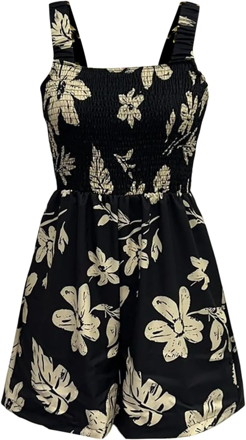 Summer Rompers for Women 2025 Casual Sleeveless Floral Smocked Oveall Shorts Square Neck Jumpsuits Vacation Outfits