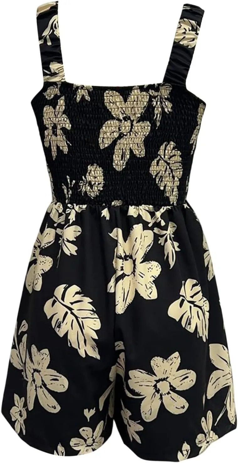 Summer Rompers for Women 2025 Casual Sleeveless Floral Smocked Oveall Shorts Square Neck Jumpsuits Vacation Outfits