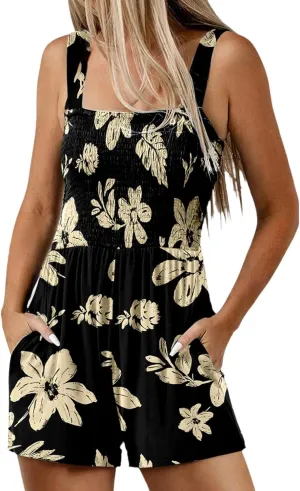 Summer Rompers for Women 2025 Casual Sleeveless Floral Smocked Oveall Shorts Square Neck Jumpsuits Vacation Outfits