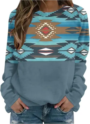 Sweatshirts For Women Winter 2024 Fashion Western Aztec Print Shirts Crewneck Long Sleeve Casual Loose Pullover Tops