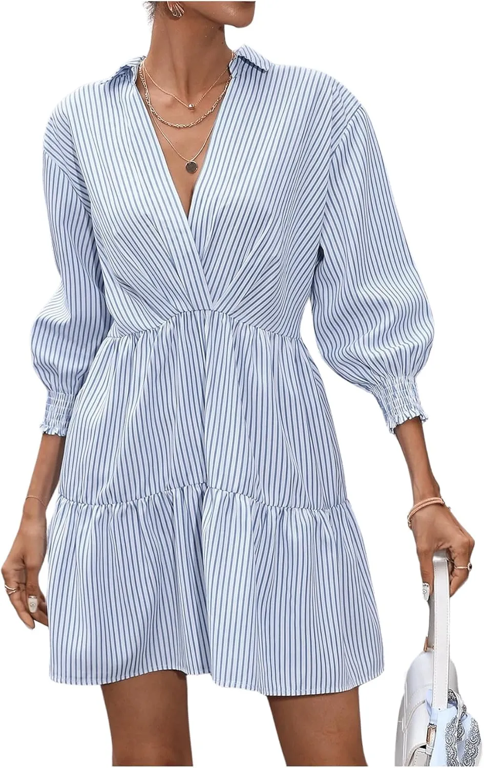 SweatyRocks Women's 3/4 Sleeve V Neck Collar Striped Dress Casual A Line Ruffle Hem Mini Dresses
