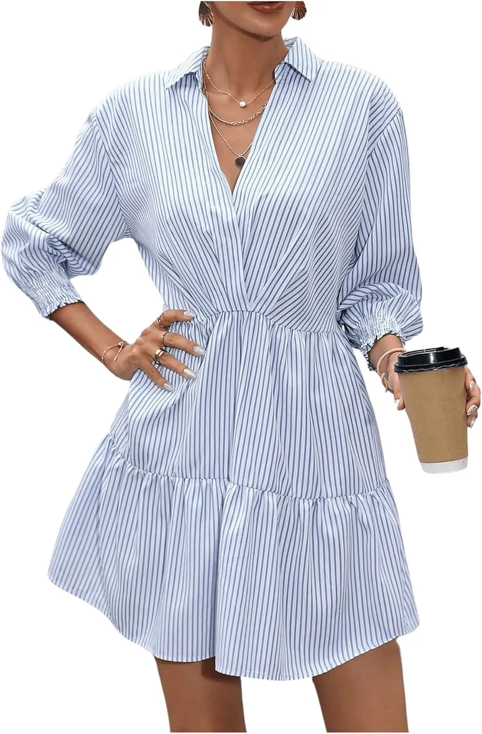 SweatyRocks Women's 3/4 Sleeve V Neck Collar Striped Dress Casual A Line Ruffle Hem Mini Dresses