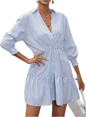 SweatyRocks Women's 3/4 Sleeve V Neck Collar Striped Dress Casual A Line Ruffle Hem Mini Dresses