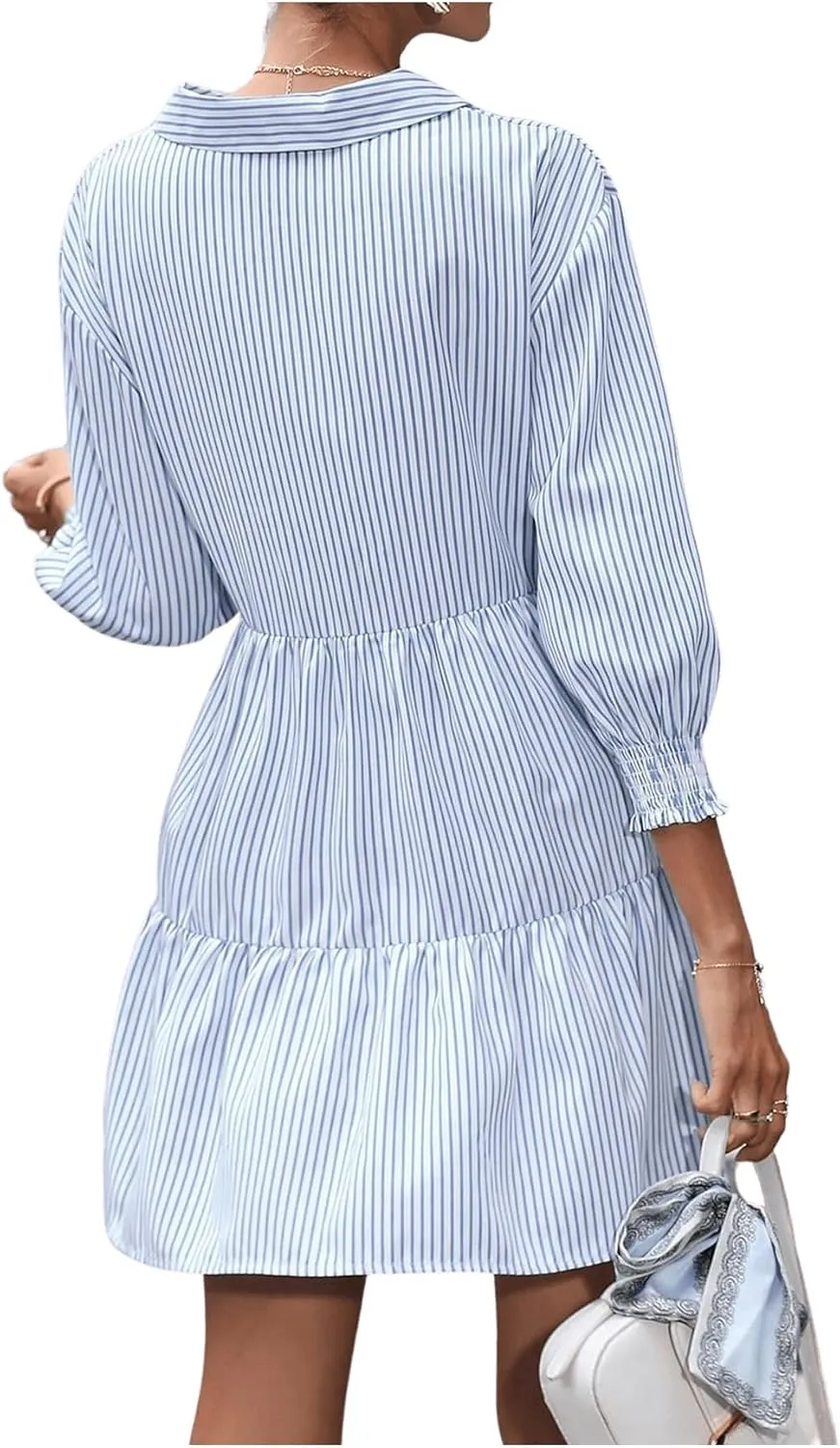 SweatyRocks Women's 3/4 Sleeve V Neck Collar Striped Dress Casual A Line Ruffle Hem Mini Dresses