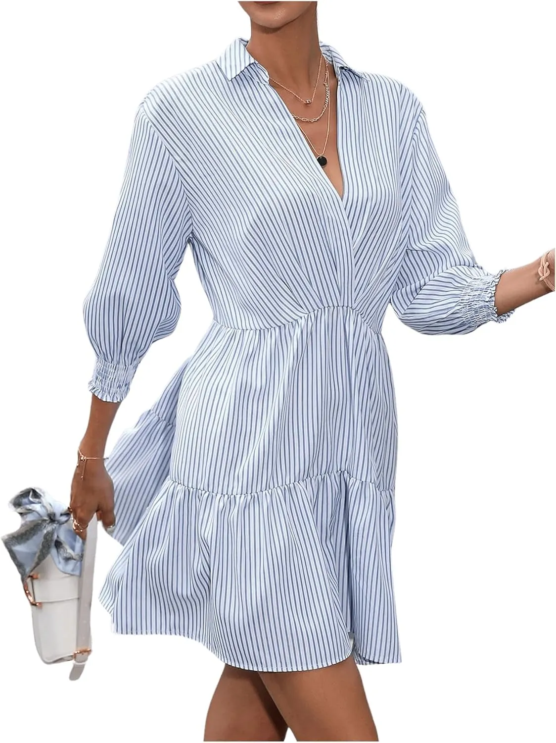 SweatyRocks Women's 3/4 Sleeve V Neck Collar Striped Dress Casual A Line Ruffle Hem Mini Dresses