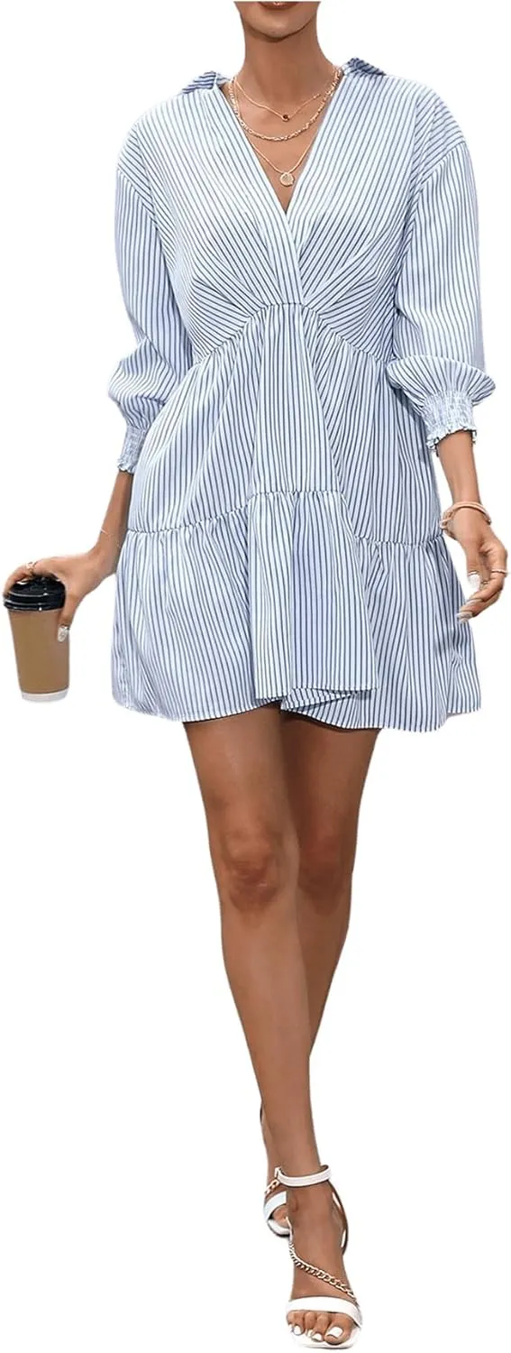 SweatyRocks Women's 3/4 Sleeve V Neck Collar Striped Dress Casual A Line Ruffle Hem Mini Dresses