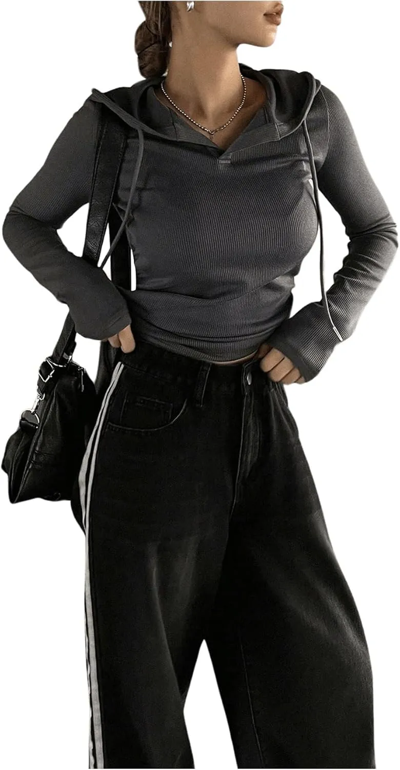 SweatyRocks Women's Cropped Hoodie Long Sleeve Athletic Workout Slim Fit Drawstring Tops