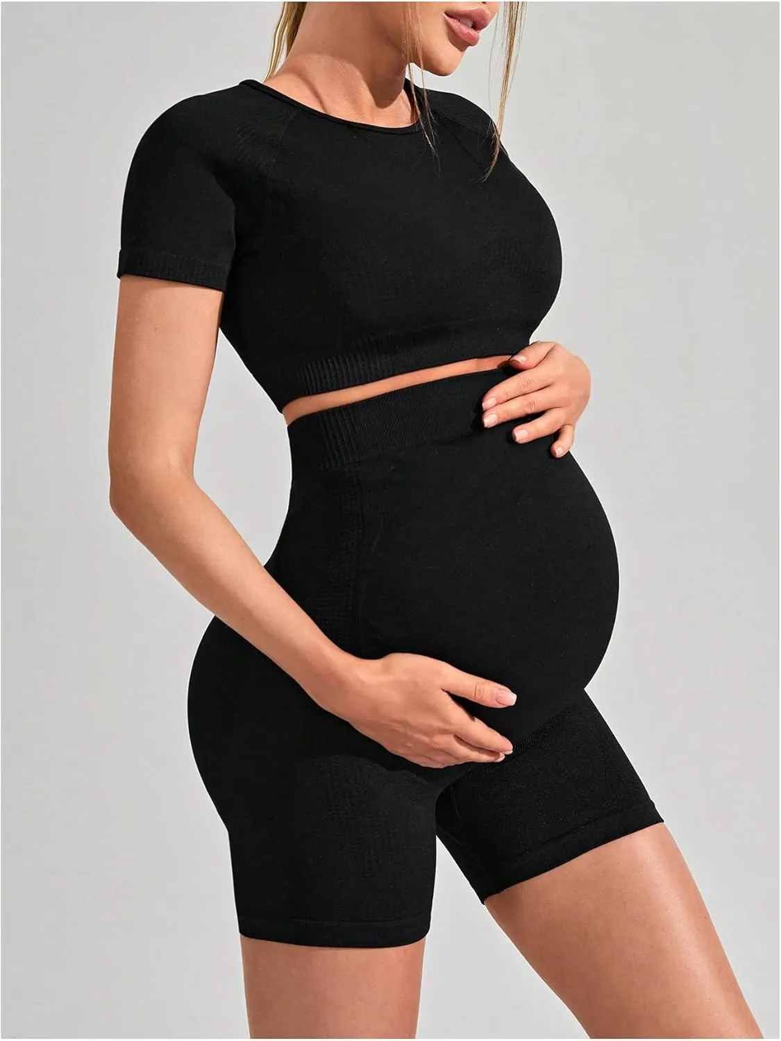 SweatyRocks Women's Maternity 2 Piece Outfits Cut Out Short Sleeve Crop Top and Shorts Set