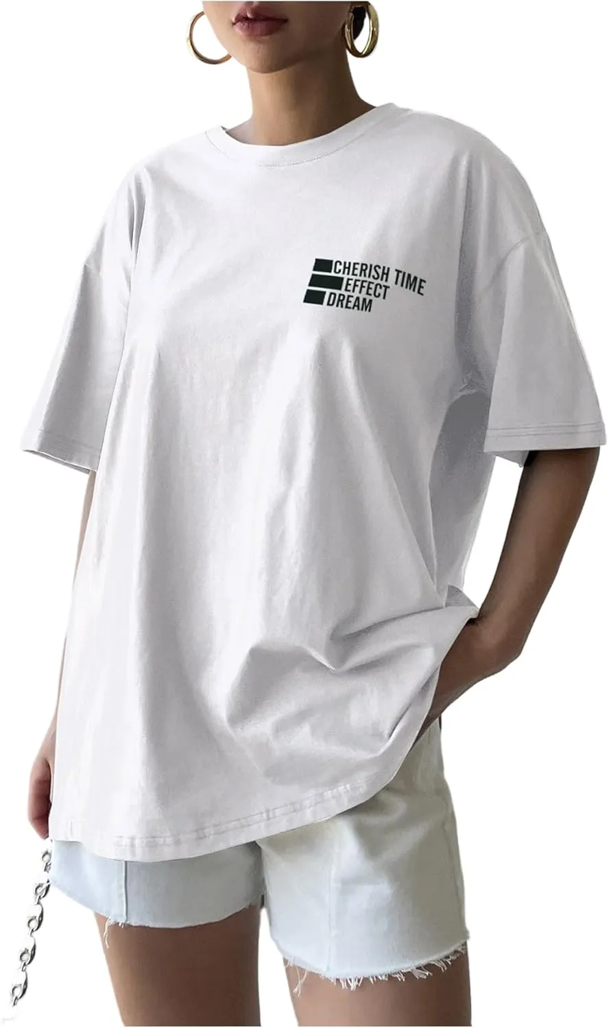 SweatyRocks Women's Summer Tops Oversized Letter Graphic Tees Short Sleeve Crew Neck T-Shirt