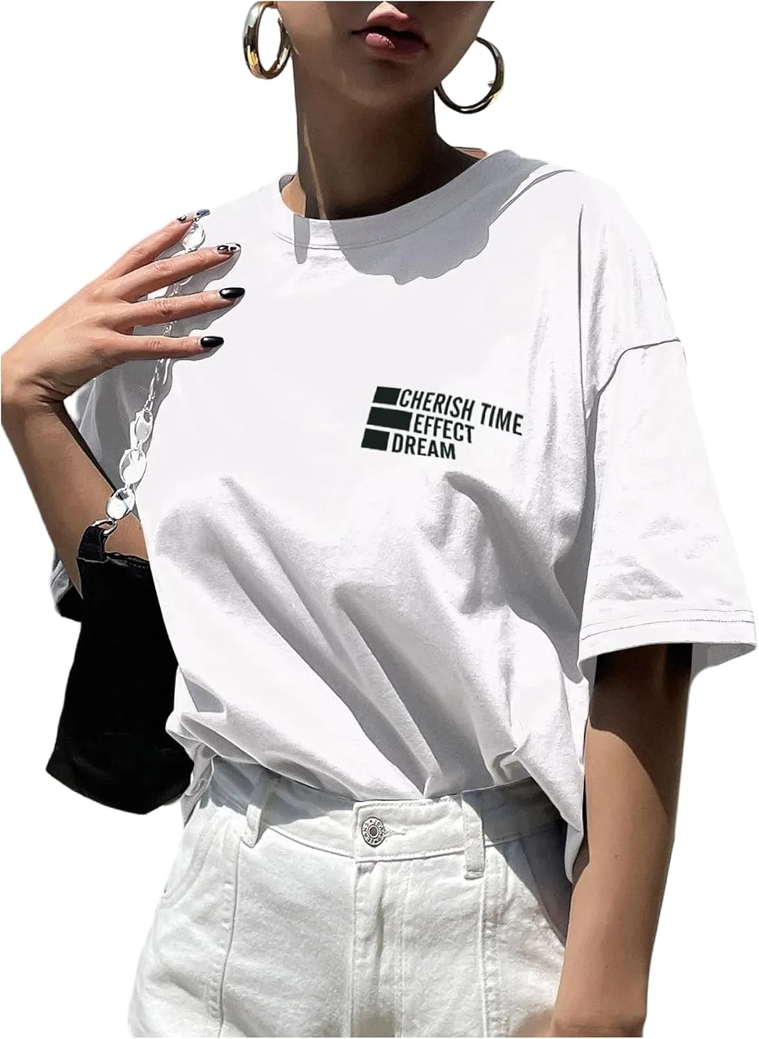 SweatyRocks Women's Summer Tops Oversized Letter Graphic Tees Short Sleeve Crew Neck T-Shirt