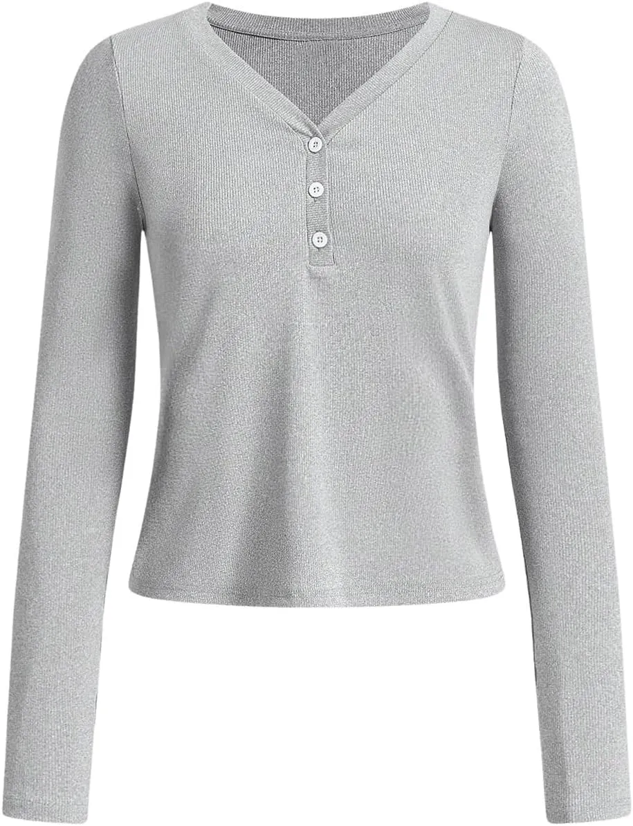 SweatyRocks Women's V Neck Long Sleeve Button Down Tops Casual Slim Fit Solid Shirts