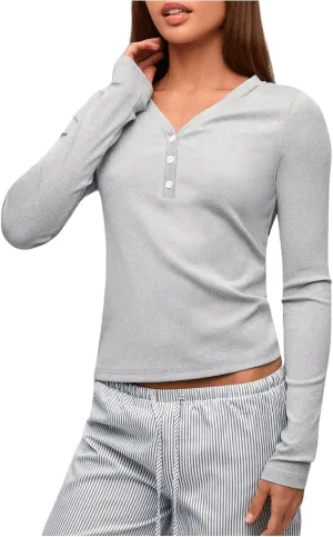 SweatyRocks Women's V Neck Long Sleeve Button Down Tops Casual Slim Fit Solid Shirts