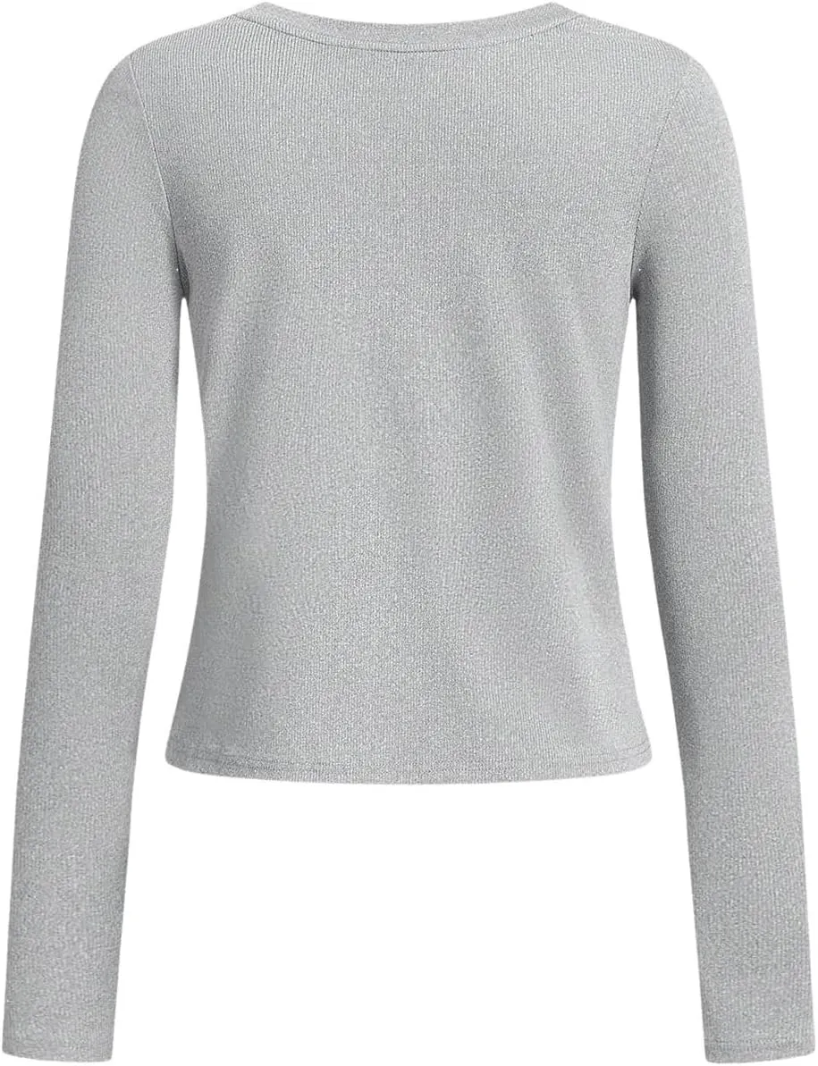 SweatyRocks Women's V Neck Long Sleeve Button Down Tops Casual Slim Fit Solid Shirts