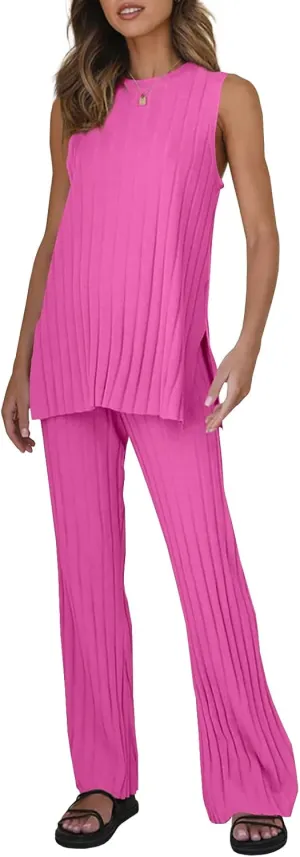 Tankaneo Two Pieces Outfits Sleeveless Top Knit Sets Trendy Lounge Long Pajamas Set
