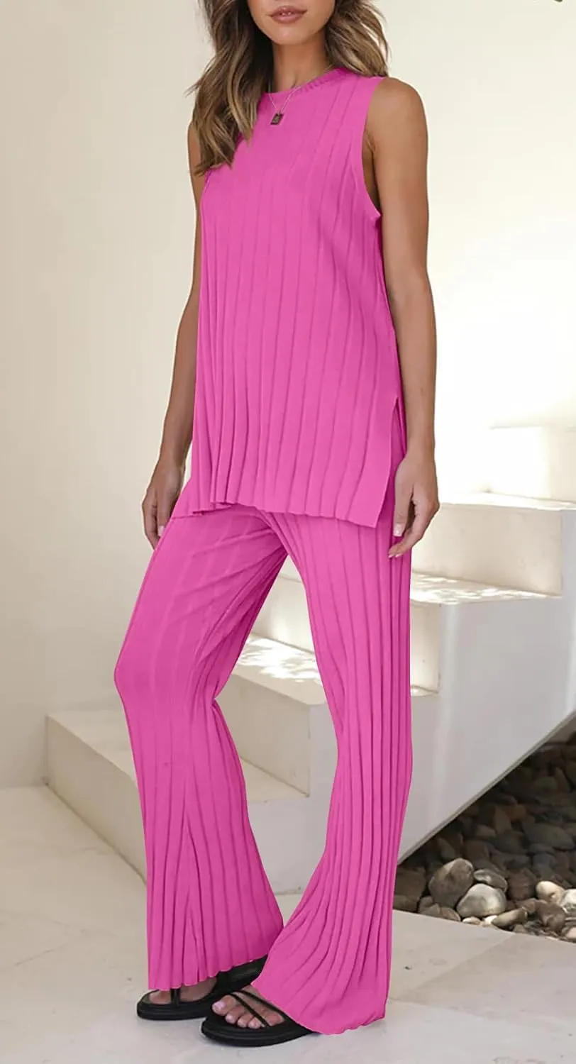 Tankaneo Two Pieces Outfits Sleeveless Top Knit Sets Trendy Lounge Long Pajamas Set