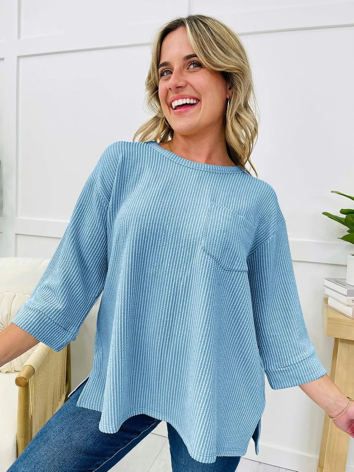 Tankaneo Womens Oversized 3/4 Bell Sleeve Tops Summer Casual Textured Knit T-Shirts Loose Fit Crewneck Blouse Tees Shirts