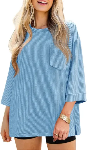 Tankaneo Womens Oversized 3/4 Bell Sleeve Tops Summer Casual Textured Knit T-Shirts Loose Fit Crewneck Blouse Tees Shirts