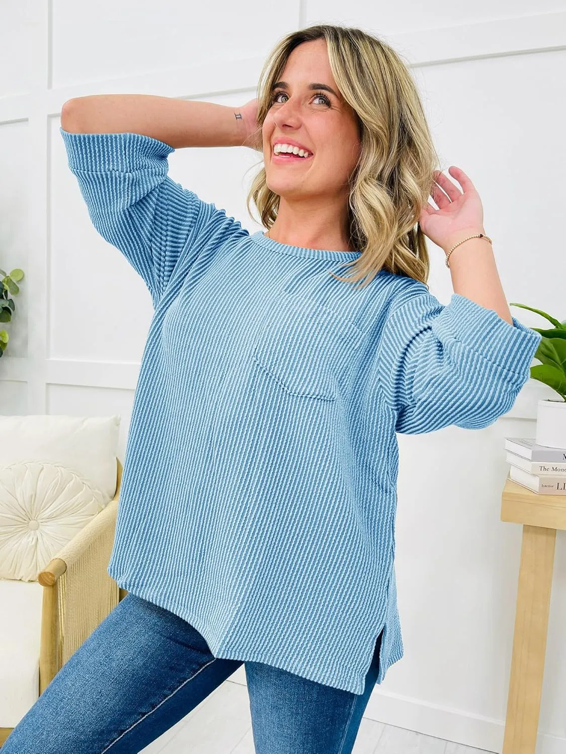 Tankaneo Womens Oversized 3/4 Bell Sleeve Tops Summer Casual Textured Knit T-Shirts Loose Fit Crewneck Blouse Tees Shirts