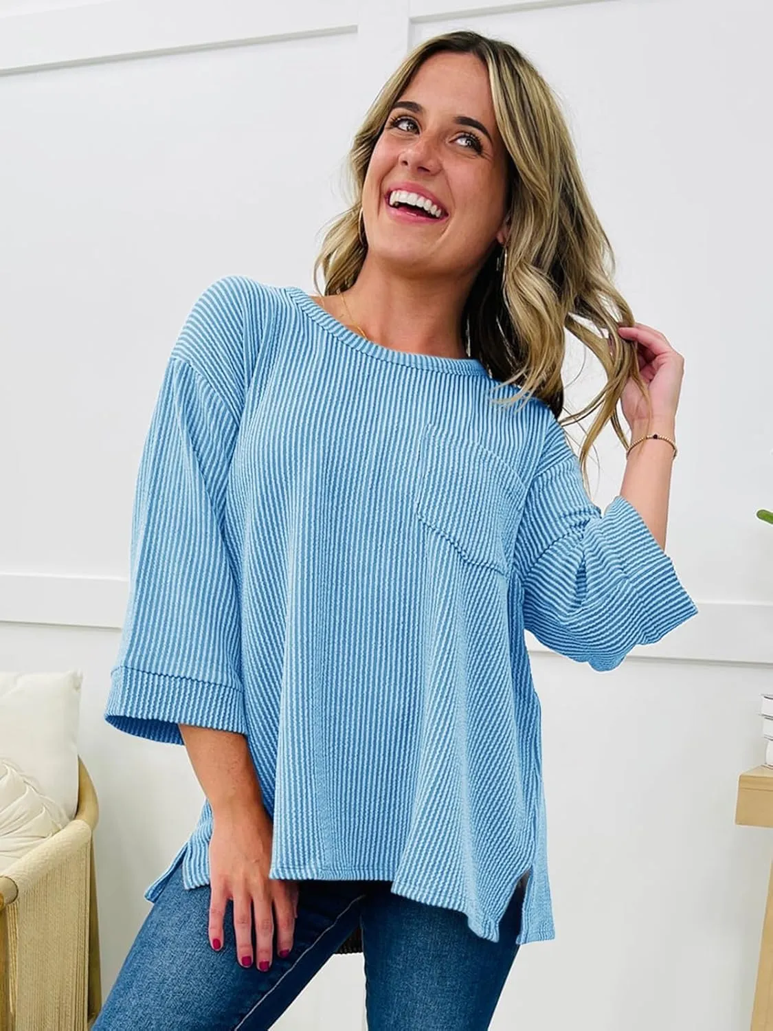 Tankaneo Womens Oversized 3/4 Bell Sleeve Tops Summer Casual Textured Knit T-Shirts Loose Fit Crewneck Blouse Tees Shirts