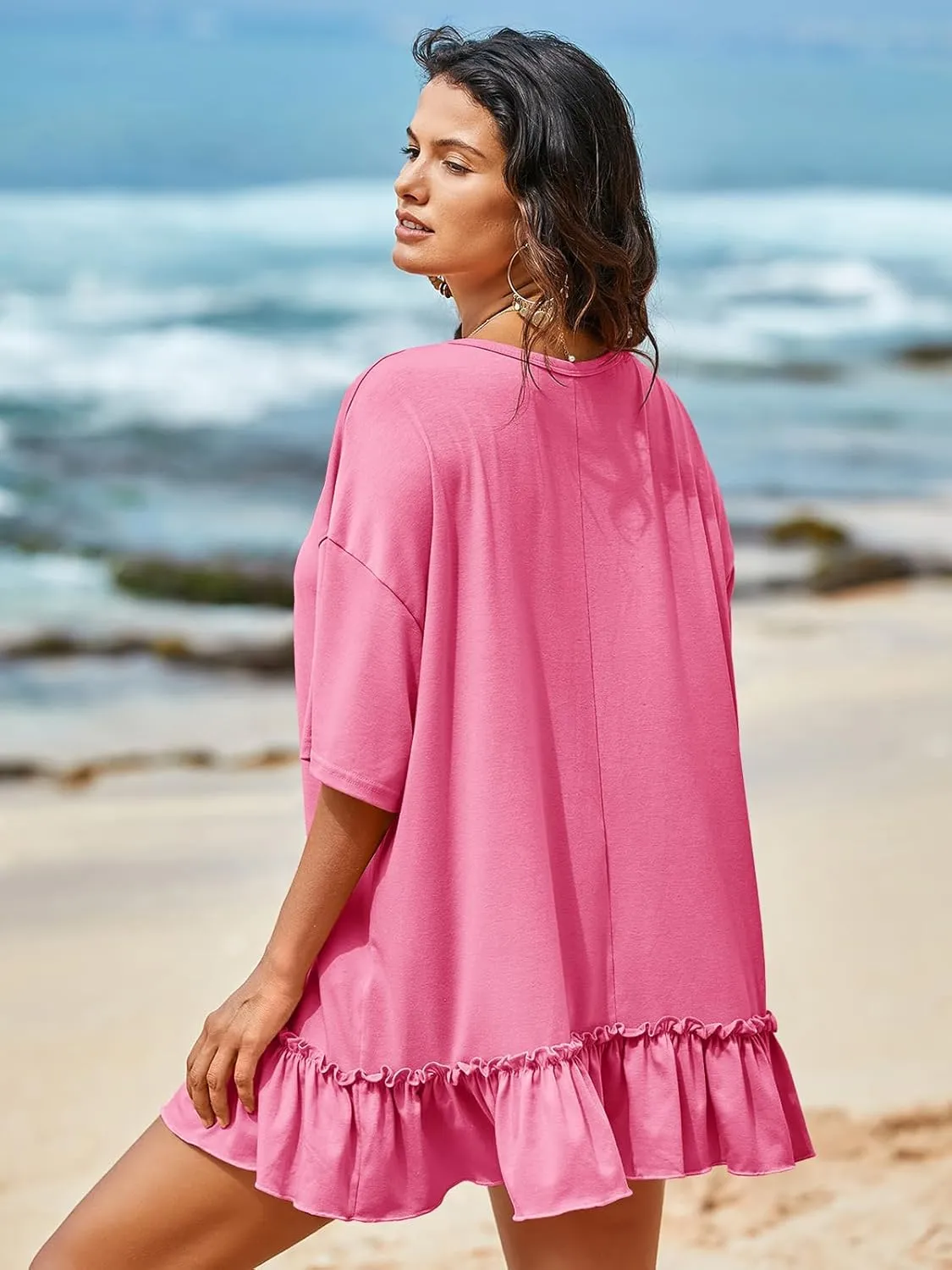 Tankaneo Womens Peplum Oversized Tshirt Summer Casual Pleated Shirt Dress Crew Neck Flowy Beach Tunic Tops
