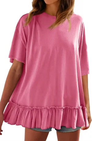 Tankaneo Womens Peplum Oversized Tshirt Summer Casual Pleated Shirt Dress Crew Neck Flowy Beach Tunic Tops