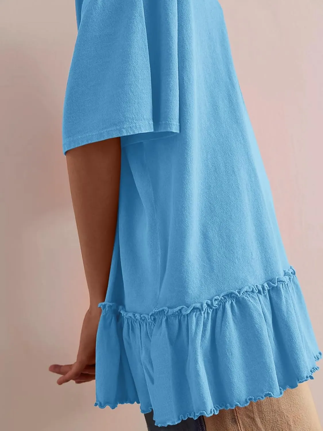 Tankaneo Womens Peplum Oversized Tshirt Summer Casual Pleated Shirt Dress Crew Neck Flowy Beach Tunic Tops